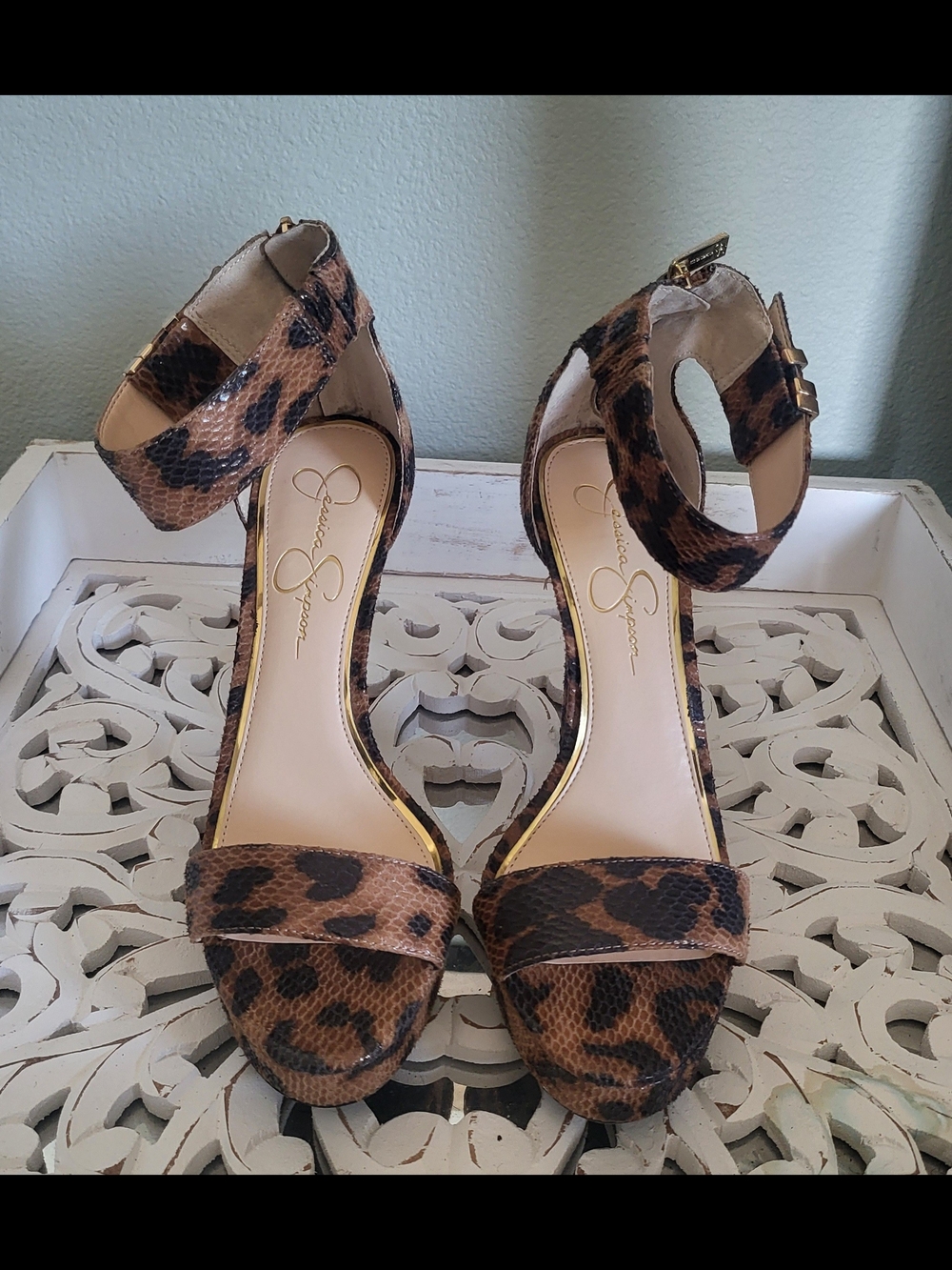 Jessica Simpson Leopard-Print Ankle-Strap Heels - Brown/Black